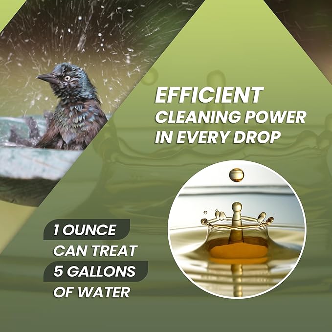 16oz Bird Bath Cleaner, Cleans 80 Gallons of Water, Ideal Fountain Cleaner Safe for Birds, Bird Bath Fountains Clarifier, Liquid Birdbath and Fountain Maintenance, Promotes Clean & Clear Water