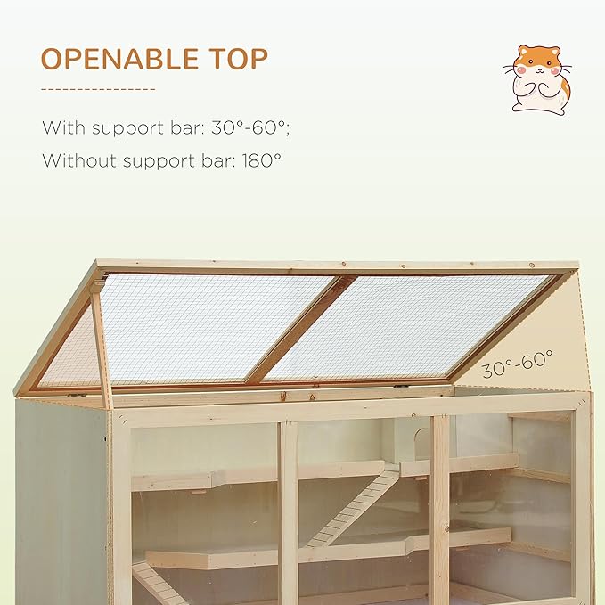 PawHut 45" Extra Large Wooden Hamster Cage, 3-Layer Chewproof Rat Cage with Opening Roof, Hut, Ramps, for Gerbil, Dwarf & Syrian Hamsters, Natural