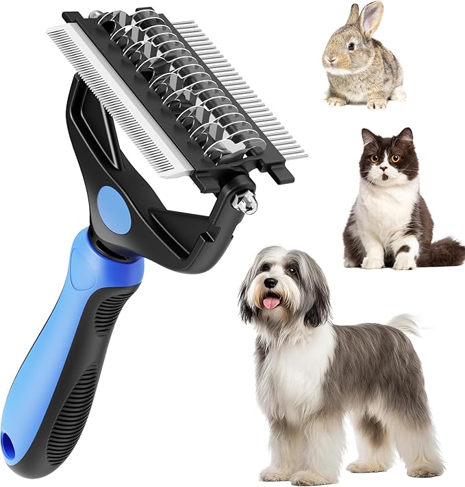 3-in-1 Pet Deshedding Tool – Grooming Brush for Dogs & Cats with Undercoat Rake & Dematting Comb (Blue)