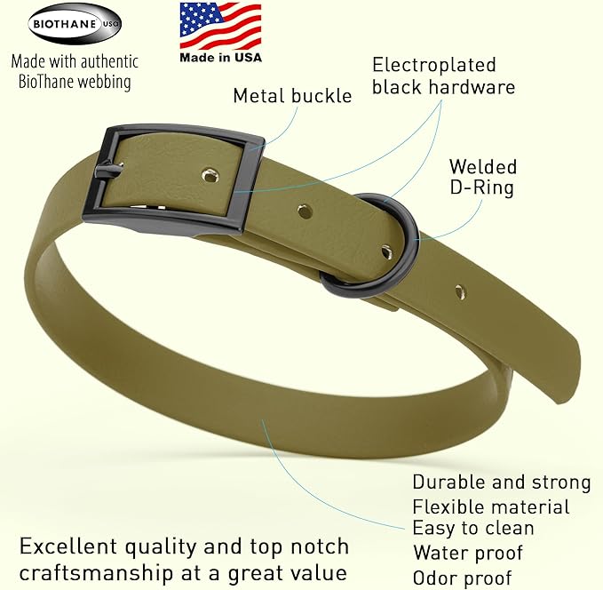 Dogline Biothane Waterproof Dog Collar Strong Coated Nylon Webbing with Black Hardware Odor- Proof for Easy Care Easy to Clean High Performance Fits Small Medium or Large Dogs, Olive Drab Green