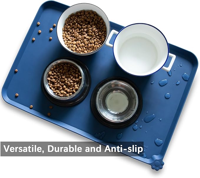 Hoki Found Large Silicone Pet Food Mat - Non Slip Dog, Cat Bowl Mat Tray - Waterproof Feeding Placemat - Indigo Ink