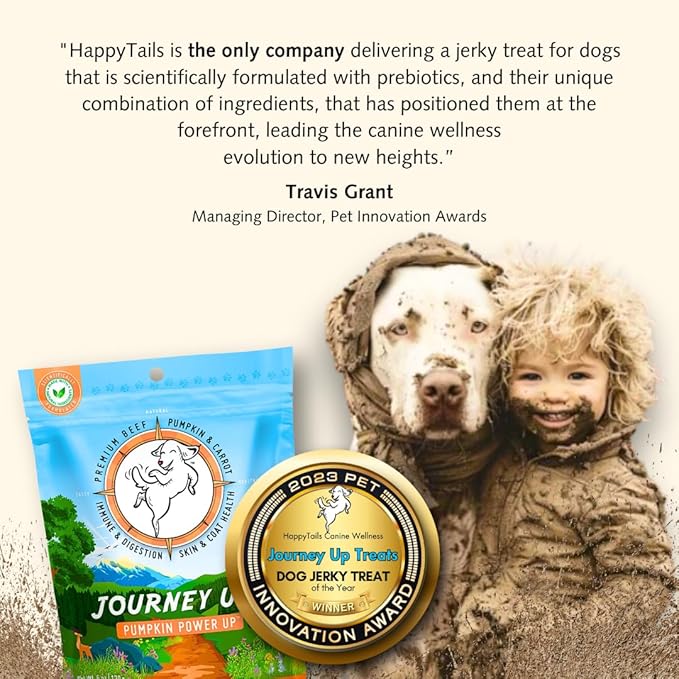 HappyTails Journey Up, Pumpkin Power Up Jerky Treats for Dogs with Beef, Pumpkin & Carrots-Made in USA-Prebiotics for Gut & Immune Health, Omega 3 & 6 for Skin & Coat, Small-Large Dogs, 6 oz.
