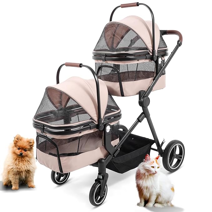 Foldable Double Pet Stroller for 2 Small Medium Cats Dogs, Lightweight Single and Double Integrated Pet Stroller with Detachable Carriers