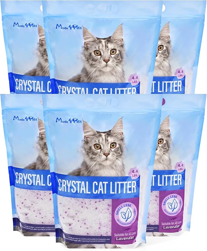 Made4Pets Cat Litter Crystals, Non Clumping Cat Litter Odor Control Kitty Litter Non Clumping No scooping Low Dust, Low Tracking, Lightweight, Dehydrates Waste, Lavender – 25.8 lbs (6 x 4.3 lb Packs)