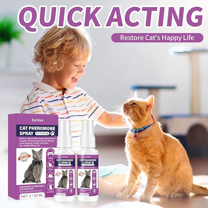 Cat Calming Pheromone Spray, 2 Pack, Calming Spray for Cat Anxiety Relief, Reduce Stress, Hiding & Scratching Furniture - During Travel, Fireworks, Thunder, 60 ML