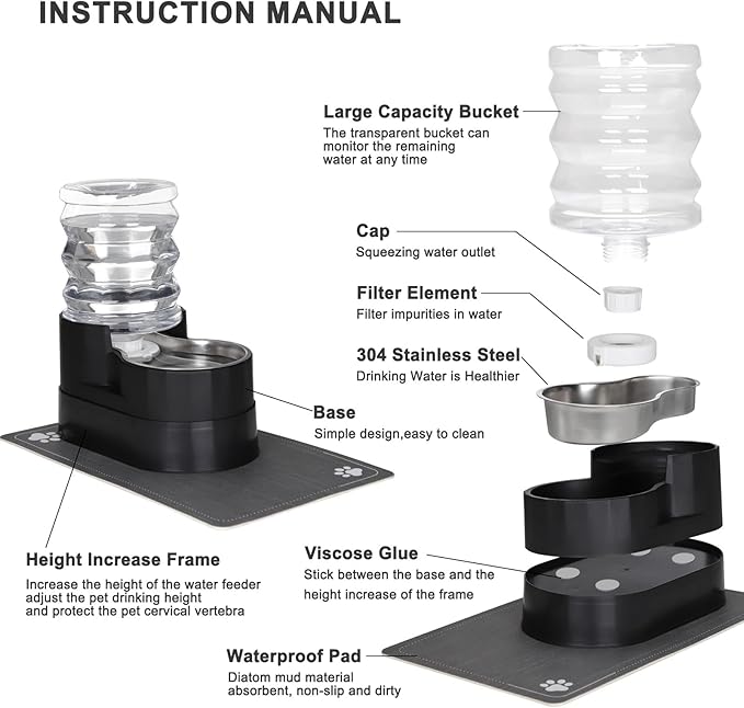 RIZZARI Automatic Cat Water Dispenser: Black 5L Elevated Feeder - Stainless Steel Gravity Bowl - Leakproof Base for Indoor Pets
