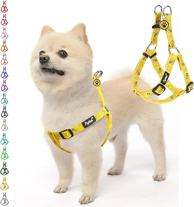 PUPTECK No Pull Dog Harness Soft Adjustable Basic Nylon Step in Puppy Vest Outdoor Walking with ID Tag, Yellow Bee, M