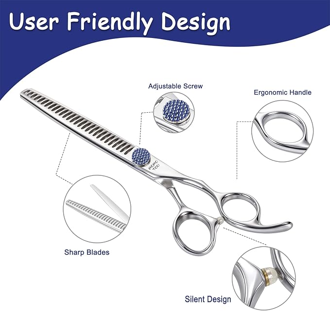 7'' Dog Grooming Scissors CNC 440C Blades Sharp and Durable Polished Chunker Dog Shears with Blue Diamond Adustable Screws Easy to Use for Groomer and Home User