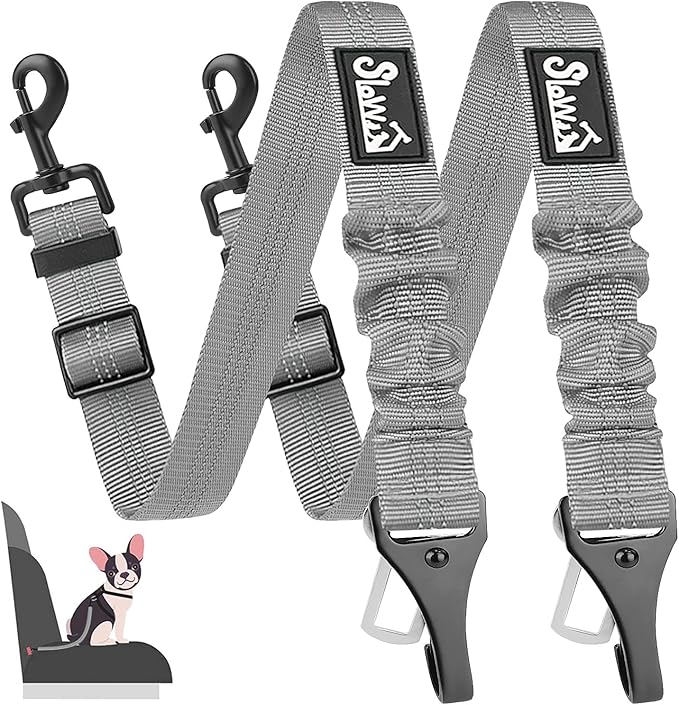 SlowTon 2 Pack Dog Seat Belt, 2 in 1 Attachment, Hook Latch Bar or Seatbelt Buckle with Elastic Nylon Bungee Buffer Adjustable Reflective Nylon Safety Belt Tether Connect to Dog Harness (2pack-GY)