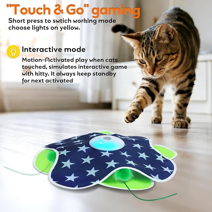 Interactive Cat Toys Auto Moving Feather Concealed in Mat,Motion Activated Cat Toys with Mouse Squeaky, Cat Exercise Toys for Bored Cats