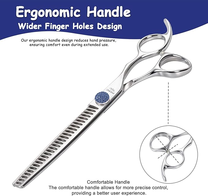7'' Dog Grooming Scissors CNC 440C Blades Sharp and Durable Polished Chunker Dog Shears with Blue Diamond Adustable Screws Easy to Use for Groomer and Home User
