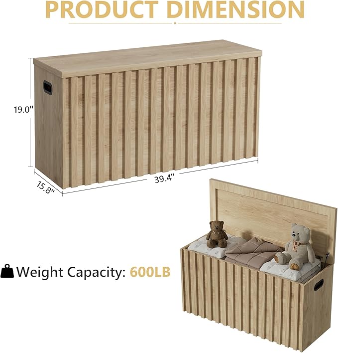 UEV Storage Bench Set of 2, 39.4" Wood Storage Trunk with 2 Safety Hinges, Sturdy Storage Chest, Fluted Storage Bench for Bedroom, Shoe Bench for Entryway, Living Room (Ivroy White)