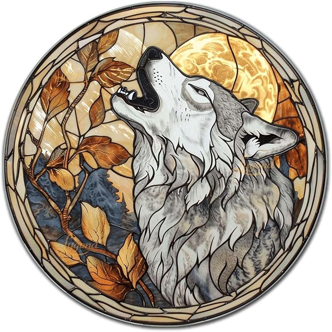 Lygond Metal Sign Tin Sign Circular Stained Glass Gray Wolf Funny Outdoor Decor for Gift 8×8 Inches