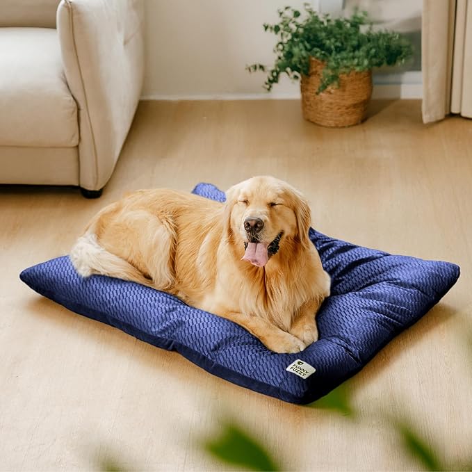 FUNNY FUZZY 42x28 Washable Dog Bed Crate Mat, 2 in1 Pet Pillow Sleeping Bed, Fluffy Deluxe Kennel Mattress for X-Large Dog and Cat,Charcoal Grey,XL,Midnight Blue