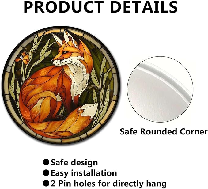 Lygond Metal Sign Tin Sign Circular Stained Glass Red Fox Wall Art for Bar 8×8 Inches