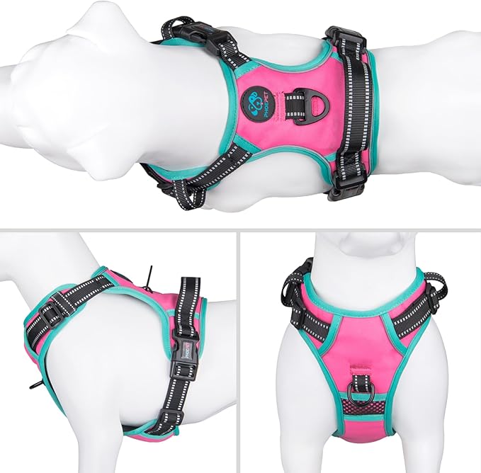 PHOEPET 2019 Upgraded No Pull Dog Harness, Reflective Adjustable Vest, with a Training Handle + 2 Metal Leash Hooks+ 3 Snap Buckles +4 Slide Buckles(S, Pink)