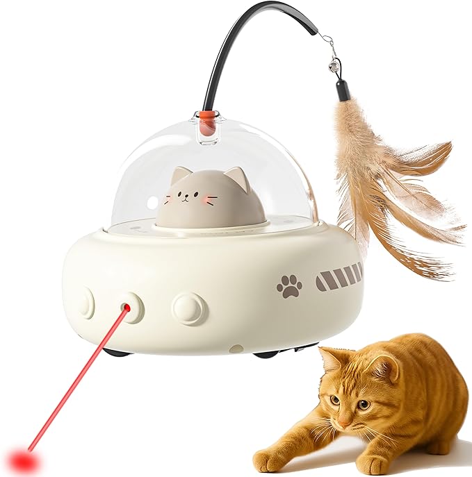 hooroor 2-in-1 UFO Laser Cat Toy – Automatic Motion with Feather, Rechargeable Smart Sensor Interactive Toy for Indoor Cats & Dogs, Fun Exercise & Play, Perfect Pet Gift