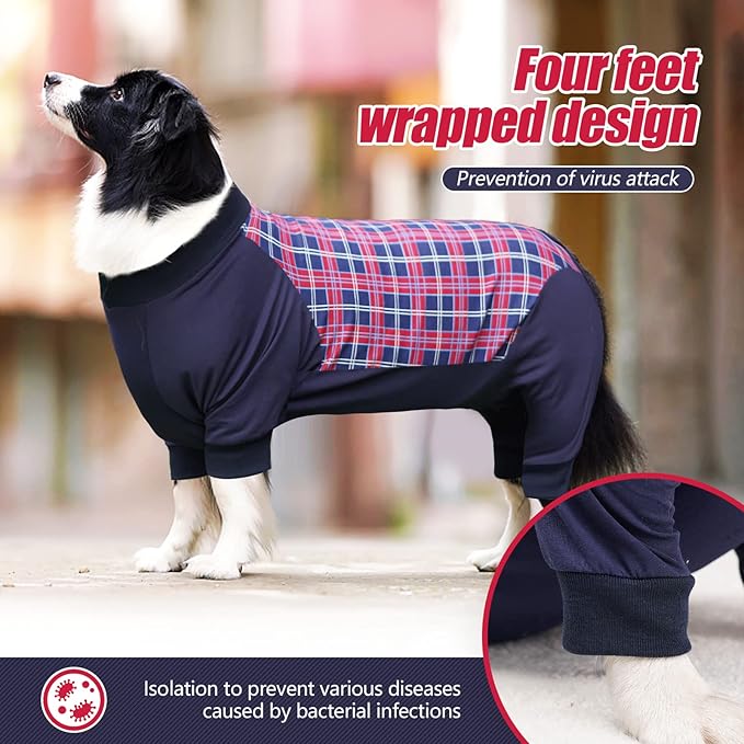 Dog Recovery Suit, Abdominal Wound After Surgery Wear, Anti Licking Bodysuit with Zipper, E-Collar & Cone Alternatives, Plaid Dog Spay Surgical Onesie Prevent Shedding(Medium, Red)