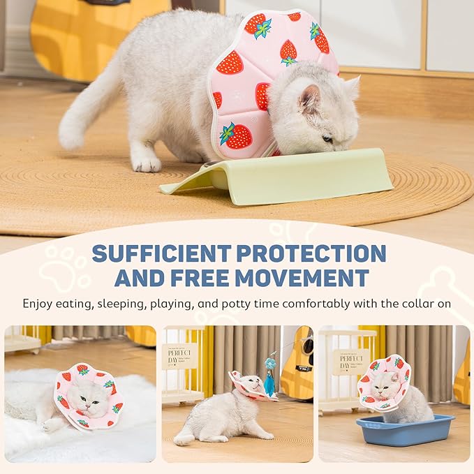 Avont Soft Cat Recovery Cone Collar, Adjustable Lightweight Kitten E-Collar for Small Dogs, Comfortable Neck Donut Stop Licking Scratching After Surgery -Strawberry(S)