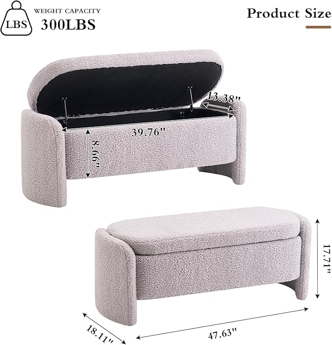 48 Inch Lamb Fleece Oval Storage Bench Upholstered Ottoman Bench with Storage, Bedroom Bench with Large Storage Space, for Bedroom Living Room Entryway, Grey
