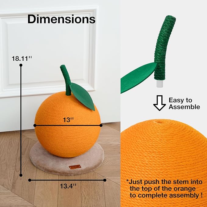 VETRESKA Orange Cat Scratching Post, Cute Cat Scratcher with Sisal Rope, Vertical Cat Scratch Post for Indoor Cat and Kitten, Cat Scratching Ball
