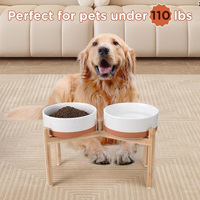 SPUNKYJUNKY Elevated Dog Bowls Ceramic, 8.3'' Dogs Food Water Bowls Raised with Non-Slip Bamboo Stand for Large Sized Breed Microwave Dishwasher Safe - 60 OZ,Pattern White