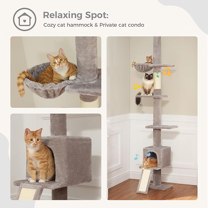 PEQULTI Floor to Ceiling Cat Tree, Tall Cat Tower, Adjustable Height (83''-108'') 5 Levels Climbing Tree for Indoor Cats with Cat Condo, Cozy Hammock and Scratching Post, Grey