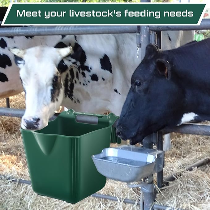 4 Pack 15 Quart Horse Feeders for Stall Hook Over Hanging Fence Hay Feeder Mountable Livestock Plastic Feed Bucket for Farm Stalls Pasture, Stable to Feed Horses Sheep Cattle Cows Etc(Green)