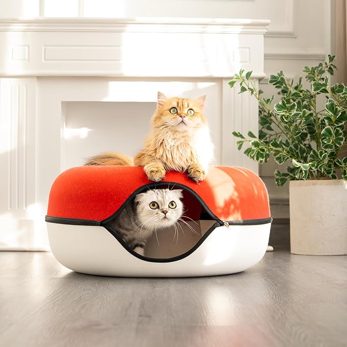 Cattasaurus Peekaboo Cat Cave, Extra Spacious for Multiple & Large Cats 12+ lbs, Scratch Detachable Cat Beds for Indoor Cats, Washable Tunnel Bed, Comfy Cat Donut Tunnel (Ruby Snowball, Jumbo)