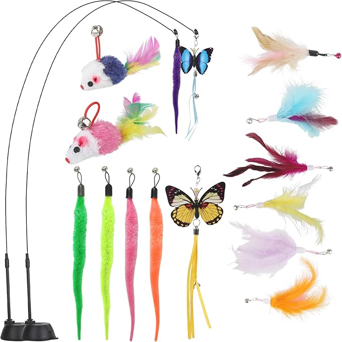 Suction Cup Cat Toys,Interactive Cat Wand with 15Pcs (Feather, Mouse, Butterfly, Worm),Durable Cats Fishing Pole Toy for Indoor Kittens,Fun Stick Toy for Exercise&Play