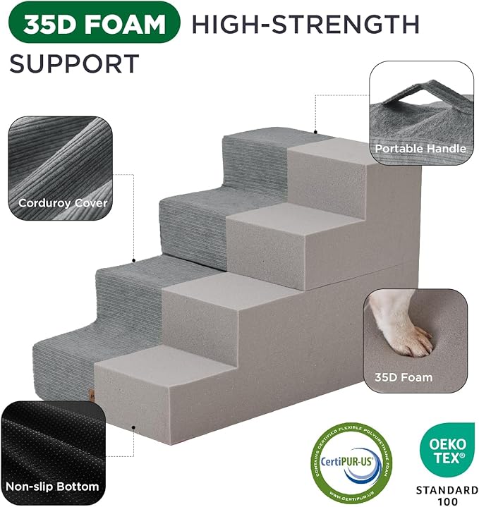 Made4Pets Dog Steps for Bed, Extra Wide Dog Stairs for High Bed Couch Sofa, 35D Foam Pet Steps for Small Dogs and Cats, Non-Slip Bottom Pet Stairs, Grey, 4 Steps