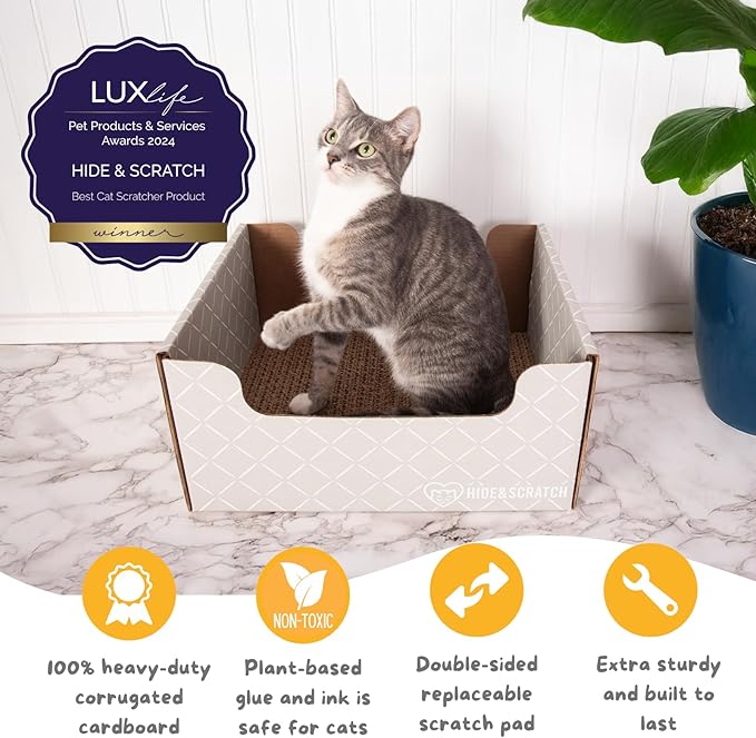 HIDE & SCRATCH Cat Scratcher Box and Cat Bed with Refillable Double-Sided Cardboard Scratch Pad for Indoor Cats