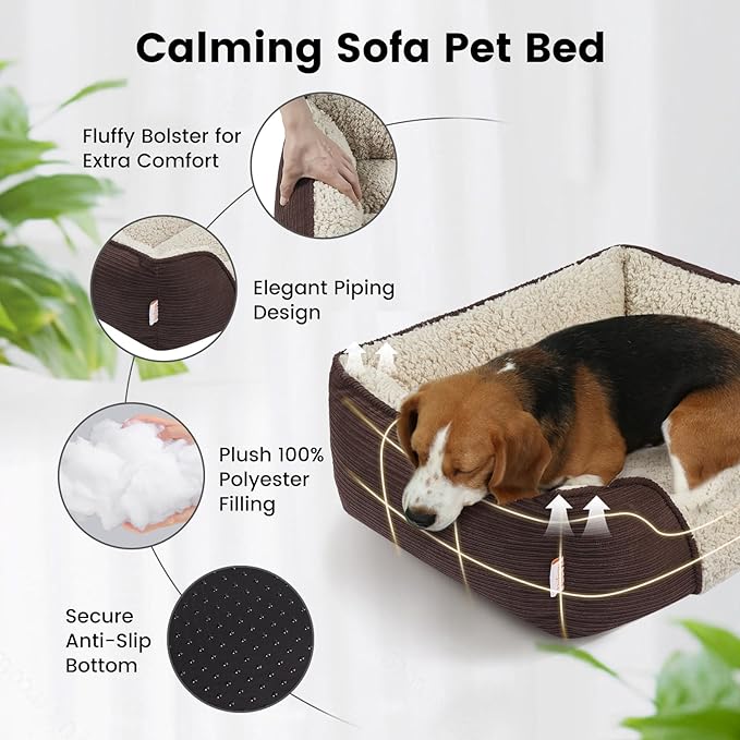 Miguel Washable Dog & Cat Bed with Removable Cushion for Medium & Small Dogs, Easy to Wash Pet Sofa Bed with Side Bolster, Anti-Slip Bottom, Dark Brown, 30 Inch Rectangle