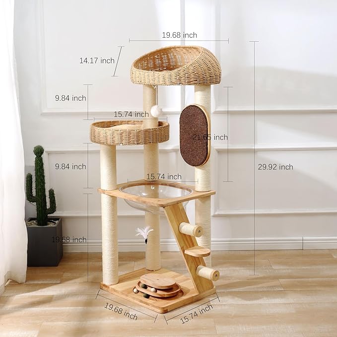 Solid Wood Cat Tree, 50 Inch Modern Cat Tower with Space Capsule, Hand-Woven Basket Nest, Sisal Posts & Scratching Board, Heavy-Duty Multi-Level Indoor Tower