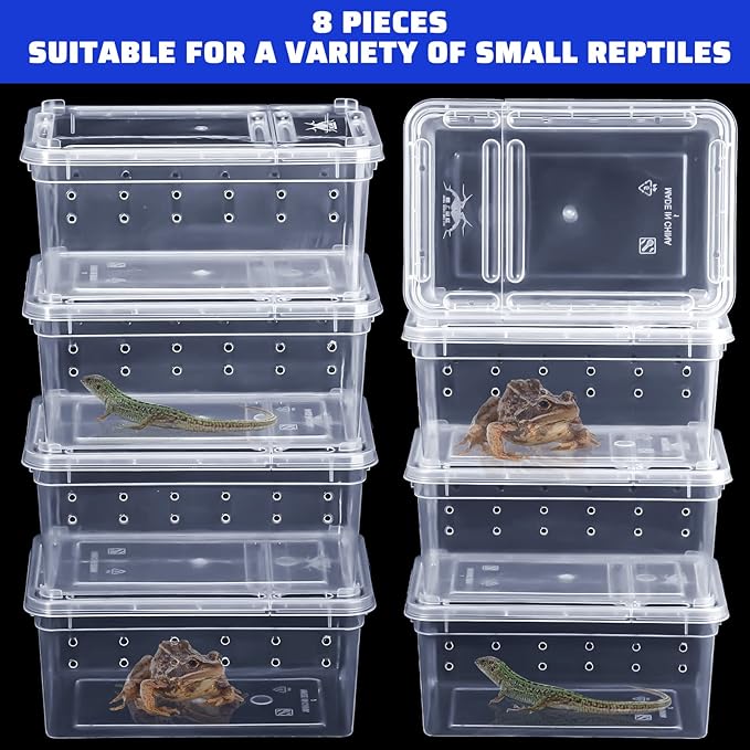 Irenare 8 Pcs Reptile Breeding Breeding Box Plastic Spider Terrarium Tarantula Feeding Box for Bearded Dragon Lizard Spider Gecko Scorpion(Vent Holes,5.9 x 3.9 x 2.5 Inch)
