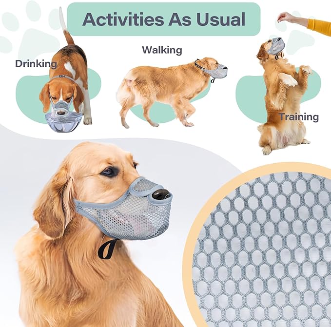 LUCKYPAW Dog Muzzle for Large Medium Small Dogs, Patented Mesh Muzzle to Prevent Biting Chewing Eating, Soft Mouth Guard with Front Opening Design for Drinking Panting (Grey, XS)