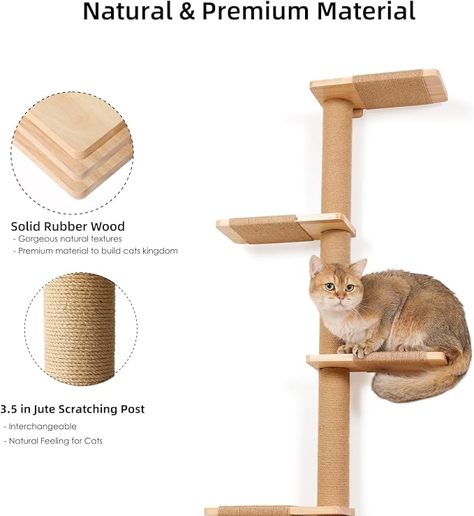 5 Tier Floor to Ceiling Cat Tree Tower with Wall-Mounted Scratching Post, Playful Wall Climbing Shelves for Cats, Ideal for Kittens to Climb, Scratch, and Lookout, Wild Simulation Design