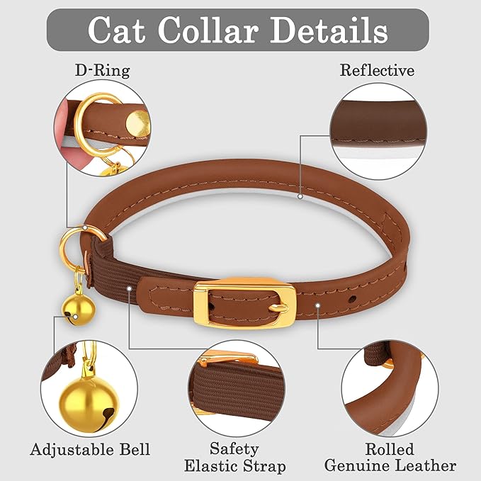 OOPSDOGGY Rolled Leather Cat Collar with Bell - Reflective Kitten Collar with Safety Elastic Strap - Adjustable Small Pet Collars for Boy Girl Cats (Brown)