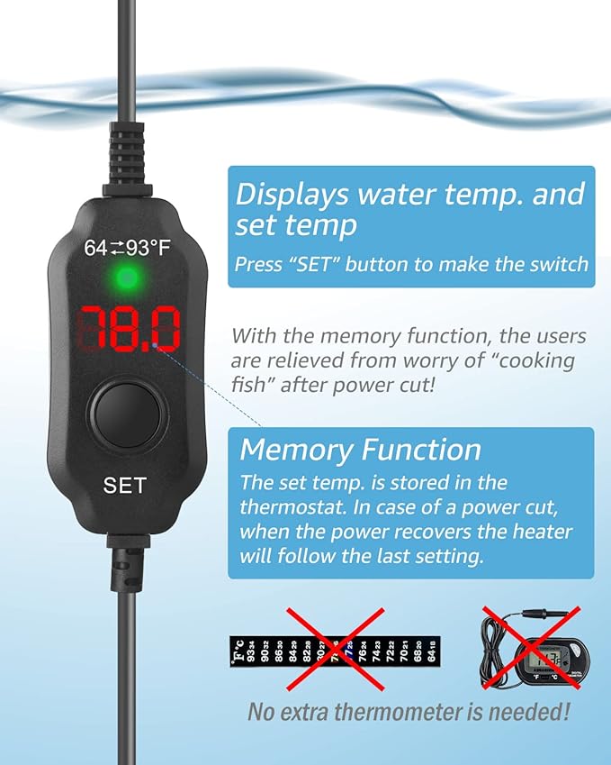 25W Adjustable Aquarium Heater Super Short Submersible Fish Tank Heater Fish Heater with LED Digital Display Thermostat, for Tanks 3-5 Gallons