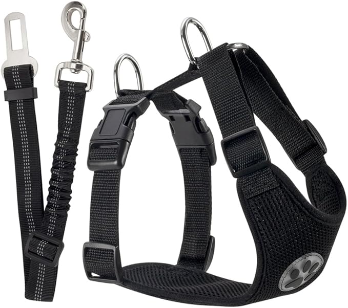 SlowTon Dog Seat Belt Harness for Car, Dog Car Harness Adjustable Mesh Breathable & Dog Seatbelt Safety Tether with Elastic Bungee for Small Medium Large Pets(Black, Single Clip, XS)