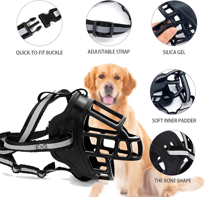 Dog Muzzle, Breathable Basket Muzzles for Small Medium Large Sized Dogs, Adjustable Humane Cage Mouth Cover for Grooming Biting Chewing, Allows Panting and Drinking (Soft Rubber, S)