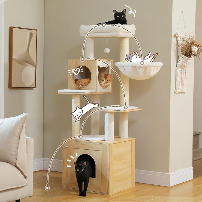 PEQULTI 57.5" Cat Tree with Litter Box Enclosure Large, Wood Cat Tower for Indoor Cats with Storage Cabinet and Cozy Cat Condo, Sisal Covered Scratching Post and Repalcable Dangling Balls, Beige