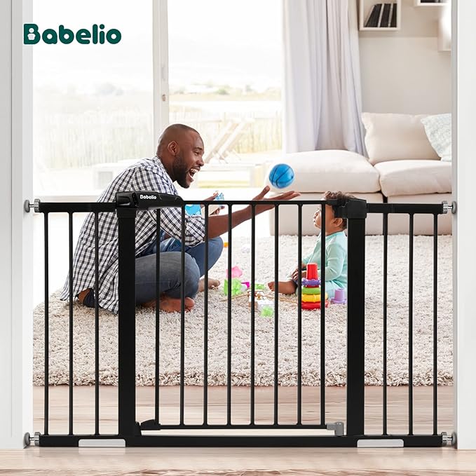 Babelio Baby Gate for Doorways and Stairs, 29-48" Auto Close Dog Gate, Easy-Install Pressure Mounted Satey Door, No Drilling Safety Gate for Child and Pets, 2 Pack, Black