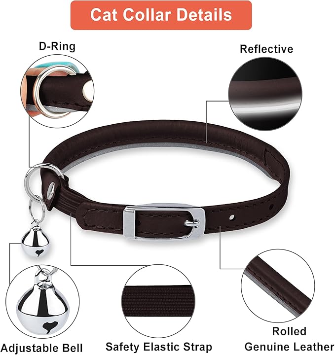 OOPSDOGGY Rolled Leather Cat Collar with Bell, Reflective Kitten Collars with Buckle Include Safety Elastic Strap - Adjustable Small Pet Collars for Boy Girl Cats (Dark Brown)