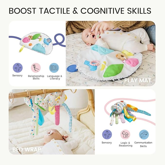 Tiny Land Montessori Baby Toy Set 0-3 Months Newborn Development Sensory Play Kit - 5-in-1 Mirror, Black & White Card Set, Rolling Bell, Play Mat, and Bed Wrap
