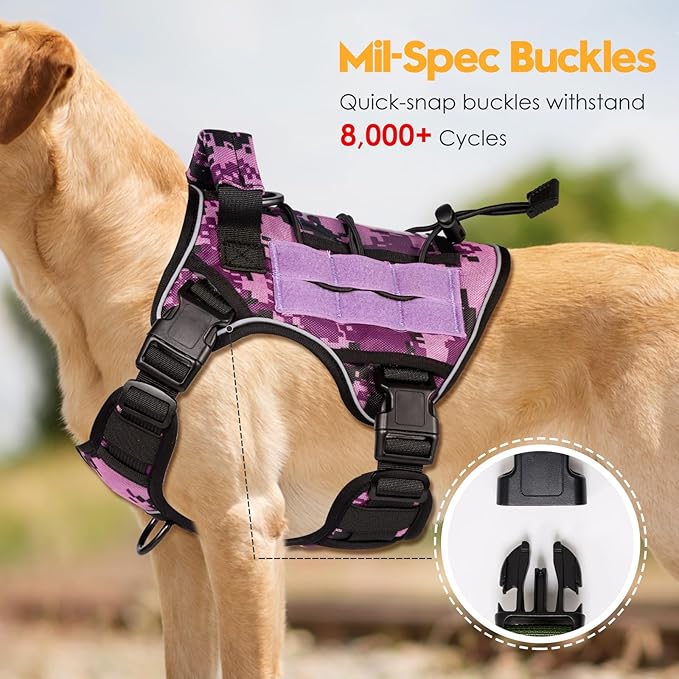 Heavy-Duty Tactical Dog Harness for Large Dogs, No Pull Adjustable Reflective Pet Vest with Molle System, K9 Military-Grade Control for Service Training, Outdoor & 10+ Breeds, Purple Camo, Small