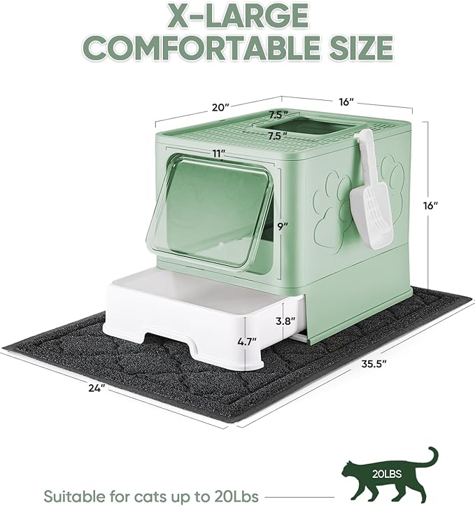 Cat Litter Box with X-Large Litter Mat and Scoop, Large Foldable Litter Box with Lid, Enclosed Kitty Box,Front Top Entry Exit, Odor Control Easy to Clean (Upgrade Green)
