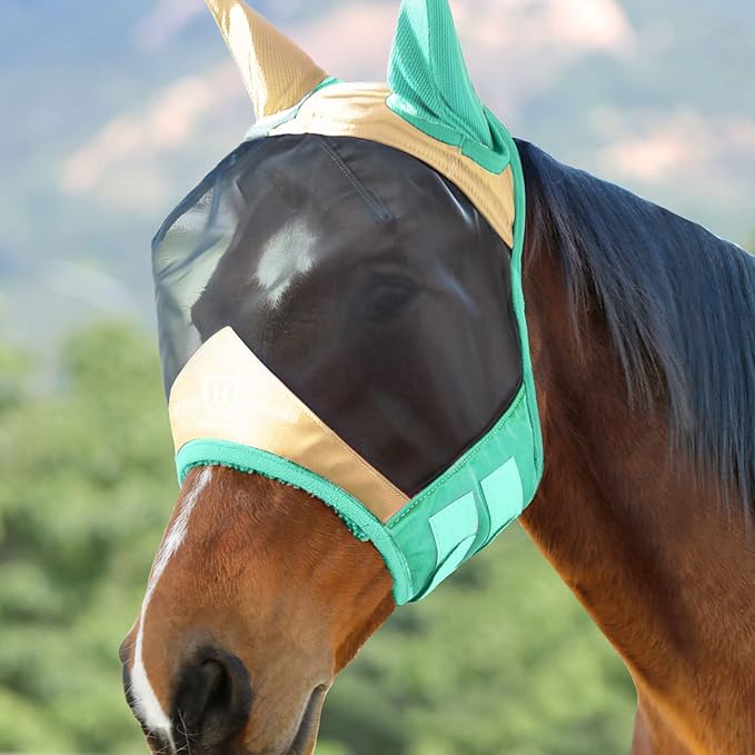 Harrison Howard Pro Luminous Horse Fly Mask Standard with Ears UV Protection for Horse Champagne Gold/Mint Medium Cob