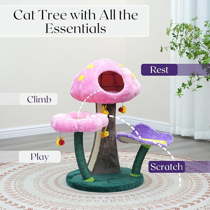 Catry® Wonderland 3-Level 31" Cat Tree with Mushroom Condo, Flower Perch, Sisal Scratching Pad, Parts Replaceable, Garden Style with Bee Toys. Multi- Color
