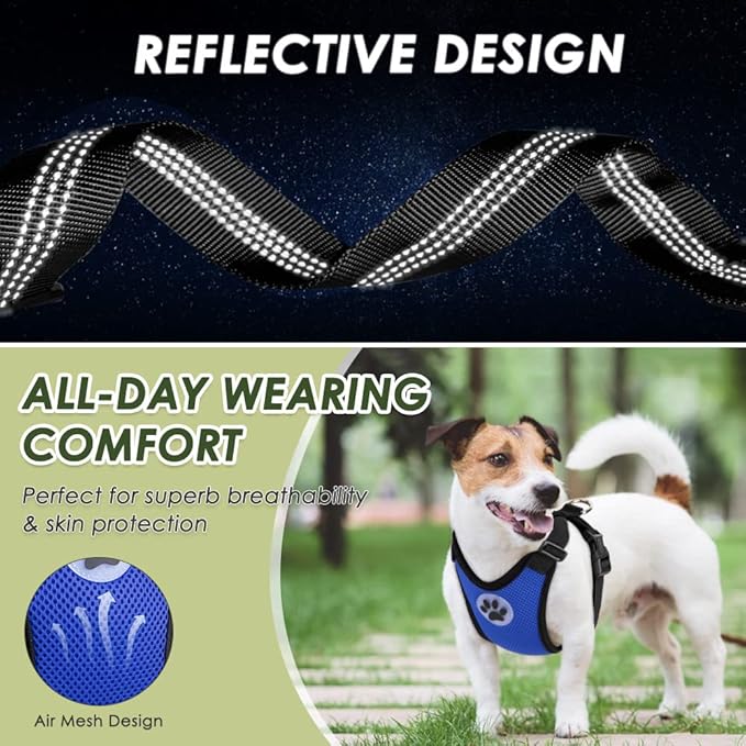 SlowTon Dog Seat Belt Harness for Car, Dog Car Harness Adjustable Mesh Breathable & Dog Seatbelt Safety Tether with Elastic Bungee for Small Medium Large Pets(Blue, Double Clip, M)